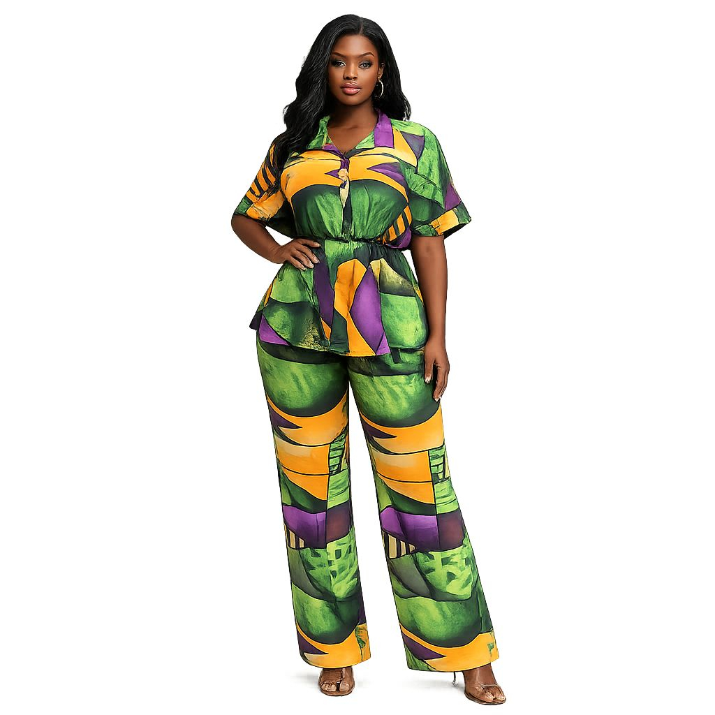Women Printed Two Piece Short Sleeve Top and Trouser Set